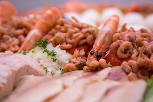 A cold fish buffet with shrimps