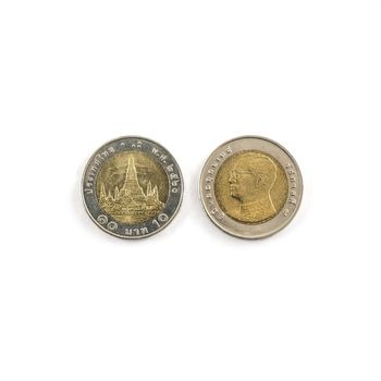 Thai 10-baht coin on a white surface