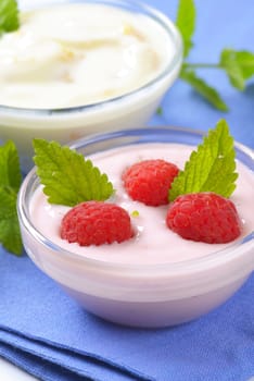 bowls of fruit yogurt on blue napkin - close up