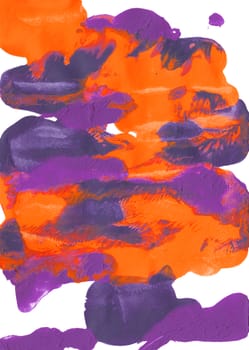 Orange and purple acrylic paint in abstract smears on white paper background