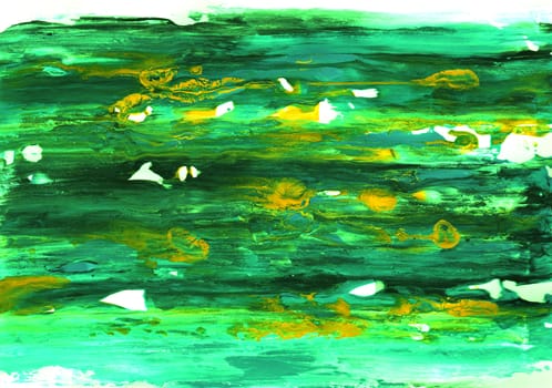 Shades of green acrylic paint smeared on white paper with yellow splashes
