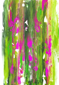 Long streaks of green paint on white paper with pink abstract smears