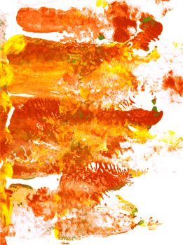 Abstract patches of red, orange and yellow paint on white paper background