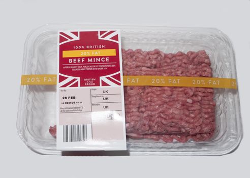 plastic packaged beef mince uk close up object food white background; essex; england; uk