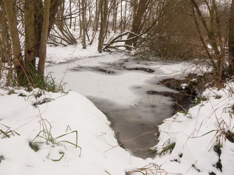 frozen lagoon of water lake surface snow woods bare trees; essex; england; uk