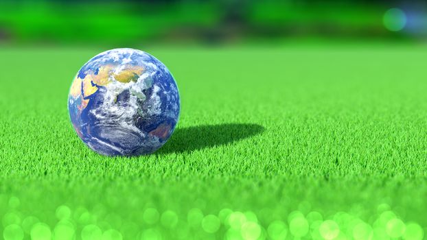 Planet Earth on the green of a golf course. India. 3D rendering.