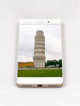 Modern smartphone with full screen picture of the Leaning Tower of Pisa, Italy. Concept for travel smartphone photography. All images in this composition are made by me and separately available on my portfolio