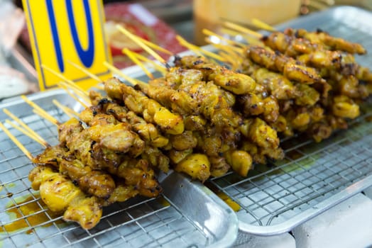 Traditional food of local Indonesian, Thailand and Malaysia chicken satay skewer