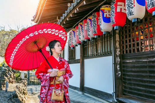 Asian woman wearing japanese traditional kimono in Kyoto, Japan.