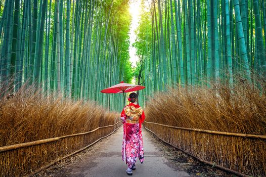 Bamboo Forest. Asian woman wearing japanese traditional kimono at Bamboo Forest in Kyoto, Japan.