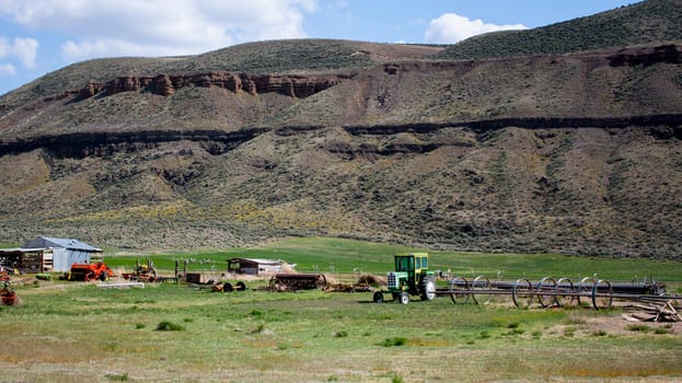 Desert farm in a valley canyon gorge with green grass and a rocky cliff in the distance