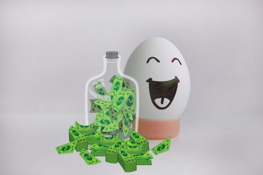 Concept of profit and safety of the deposit. Dollars in bundles and a glass jar with currency. Egg cheerful with a face alone on a white background concept of a funny joke anecdote. Photo for your design