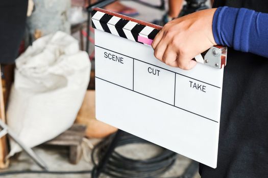 Film Slate, close up image of film production crew holding Film Slate on set