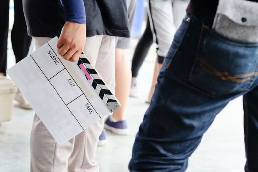 Film Slate, close up image of film production crew holding Film Slate on set