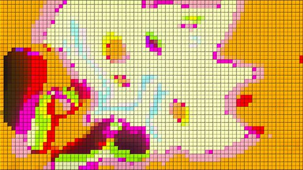 Mosaic with many little colorful square pieces, flowing forms, computer generated abstract background, 3D rendering