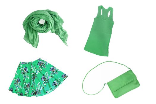 collage of fashionable green summer-spring female clothes and accessories isolated on white background. View from above