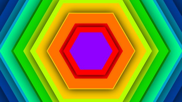 An amazing 3d illustration of multicolored rainbow hexagons inserted in each other. They are of violet, green, red and dark blue colors. They impress with their original and bright beauty