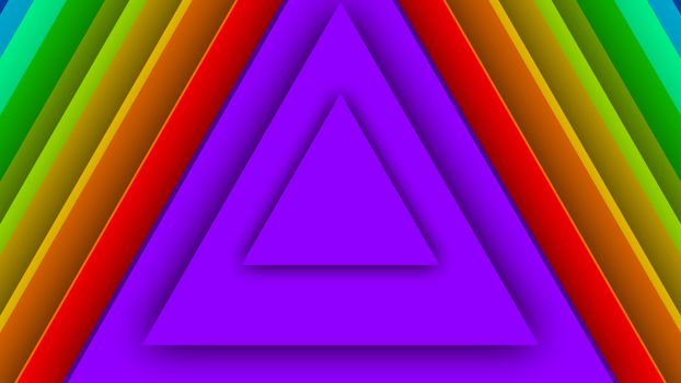 A graphic 3d illustration of colorful rainbow triangles inserted in each other. They are of violet, green, red and light blue colors. They impress with their intense colors and exact forms.