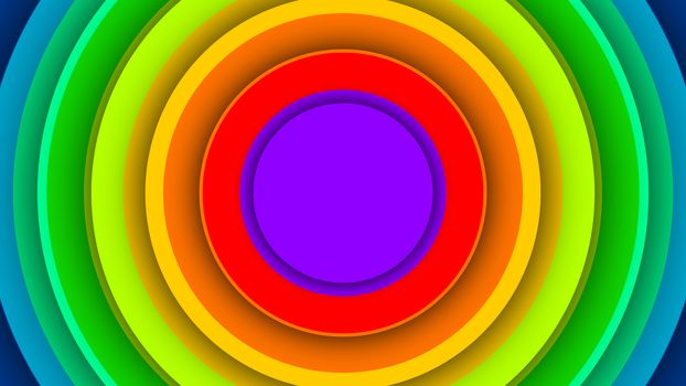A holographic 3d illustration of colorful rainbow circles inserted in each other. The central is violet, the middle are red, orange and yellow. The others are green and light blue. 