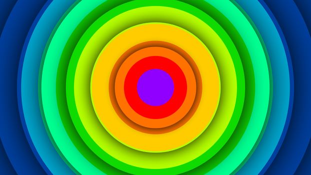 A bright 3d illustration of colorful rainbow circles inserted in each other. The central is small violet, the middle are red, orange, brown and yellow. The others are light and dark blue. 