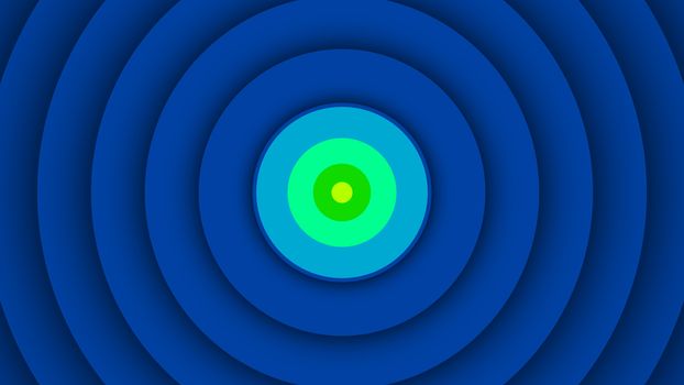 An arty 3d illustration of colorful rainbow circles inserted in each other. The central is small yellow, the middle are salad and light green. The others are dark blue. 