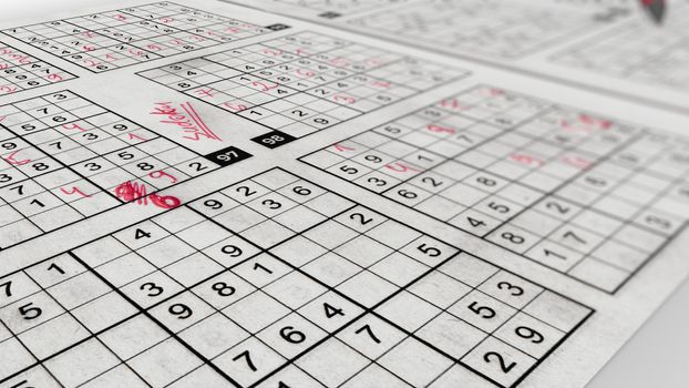 A pop art 3d rendering of Sudoku mathematical networks with printed digits, columns, rows and empty boxes filled with handwritten rosy numbers. Sudoku lies in an askew way.