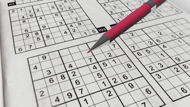 A striking 3d rendering of Sudoku mathematical grids with printed digits, columns, rows and empty boxes filled with handwritten rosy numbers. A pink pen lies on this riddle