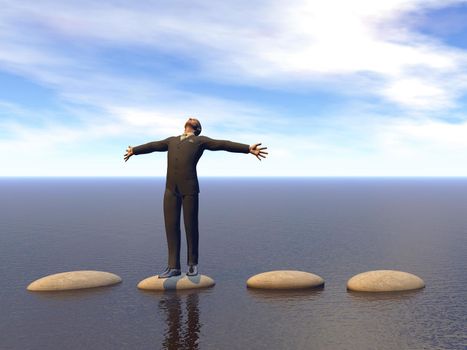 businessman and sky that runs on steps - 3D rendering