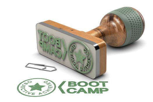 3D illustration of rubber stamp over white background with the text Boot Camp and Objective Achieved.