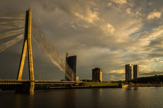 View of the Vanšu Bridge in Riga at dawn