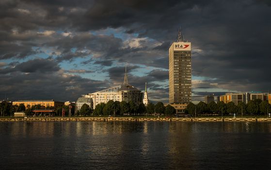 Panorama View of Riga city from the riverside at dawn