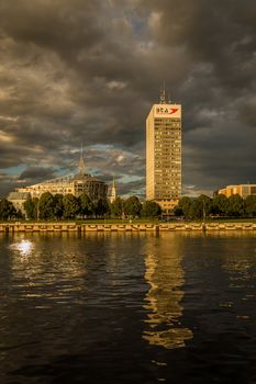 Panorama View of Riga city from the riverside at dawn