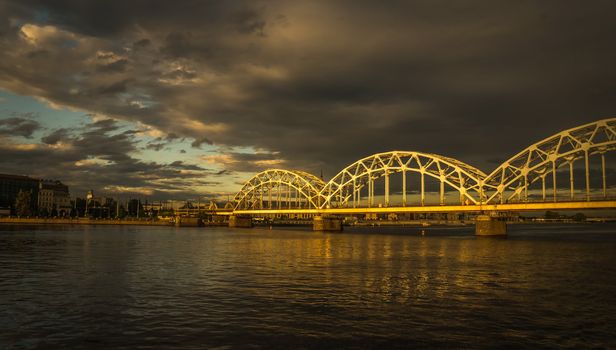 Panoramic View of a Bridge in Riga city in a summer evening