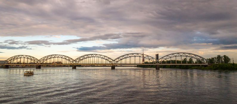 Panoramic View of a Bridge in Riga city in a summer evening