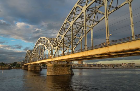 Panoramic View of a Bridge in Riga city in a summer evening