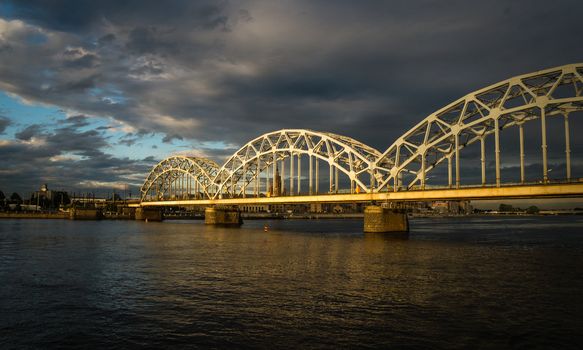 Panoramic View of a Bridge in Riga city in a summer evening