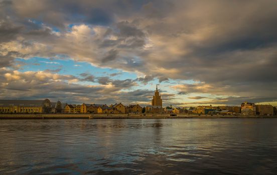 View of the old town of Riga from the river side in a summer evening