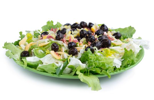 Green fresh salad with vegetables, olives, cabbage, onions, sausages for healthy fitness slim diet, isolated still life