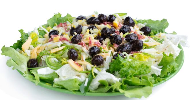 Green fresh salad with vegetables, olives, cabbage, onions, sausages for healthy fitness slim diet, isolated still life