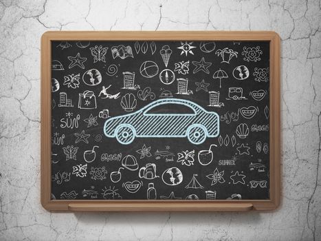 Tourism concept: Chalk Blue Car icon on School board background with  Hand Drawn Vacation Icons, 3D Rendering