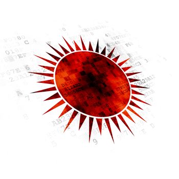 Travel concept: Pixelated red Sun icon on Digital background