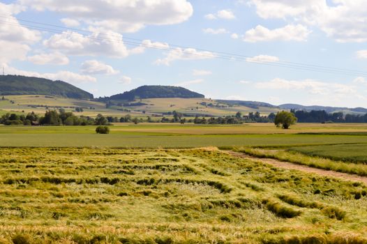 View of the countryside with fields and forests in the Land of Baden-Württemberg in Germany