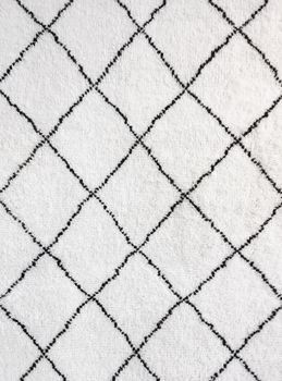 Simple geometric design of a white rug with black lines.