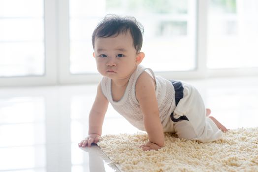 Chinese baby boy crawling on carpet. Asian family at home, living lifestyle indoors.