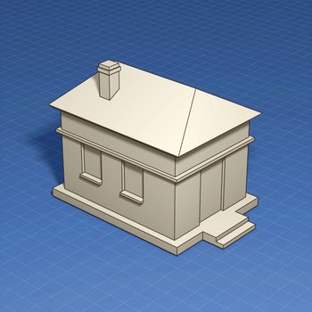 Home symbol with dimension lines. Element of blueprint drawing in shape of house sign. 3D illustration