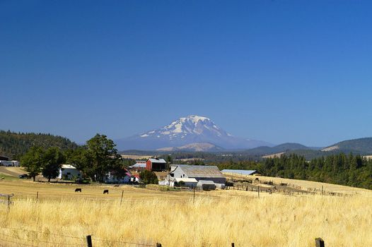Mt Rainier viewed from Goldendale, WA with farm in foreground