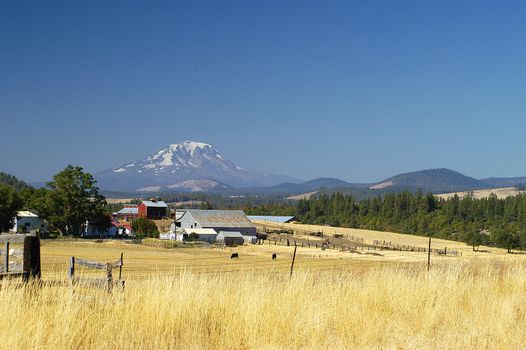 Mt Rainier viewed from Goldendale, WA with farm in foreground