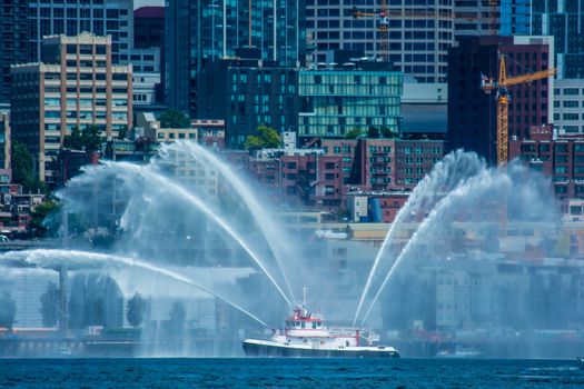 Fireboat spraying on Elliott Bay - Seattle, WA