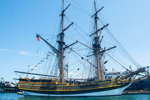 Two-masted square rigger in port at Bellingham, WA