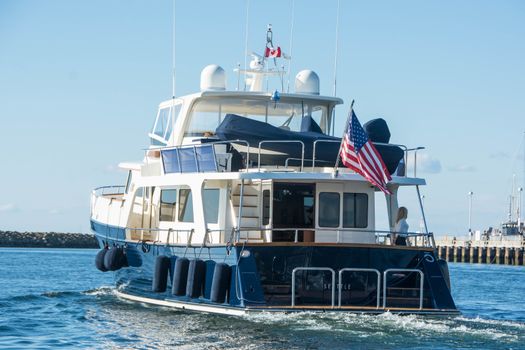 Motoryacht on the way from Seattle's Ballard Locks to Shilshole Bay.